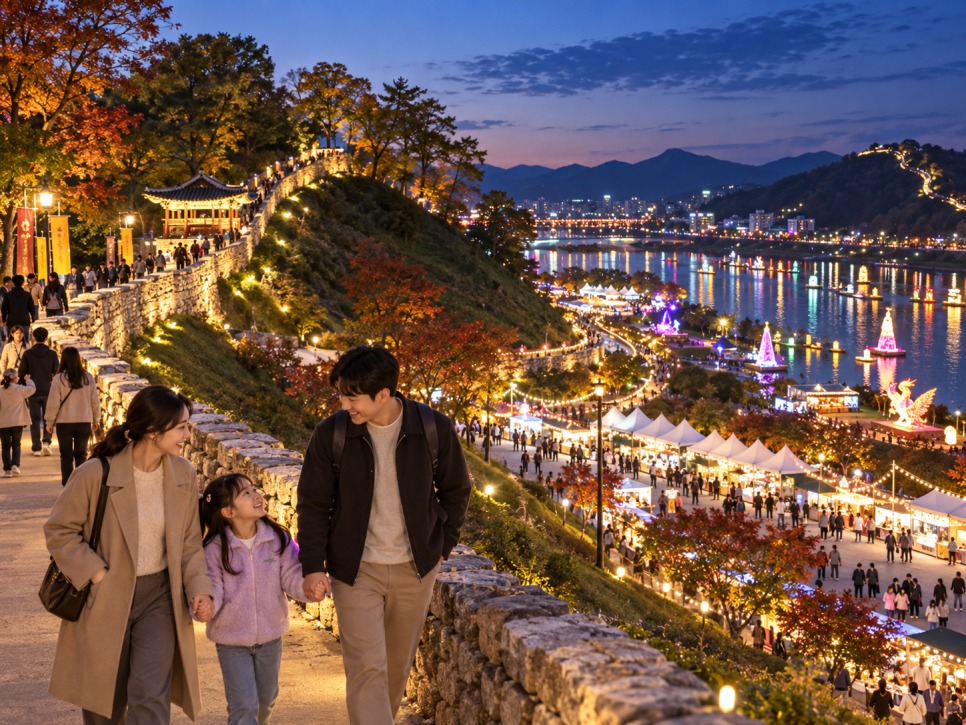 Baekje Cultural Festival scenery in Gongju with the Geumgang River and fortress