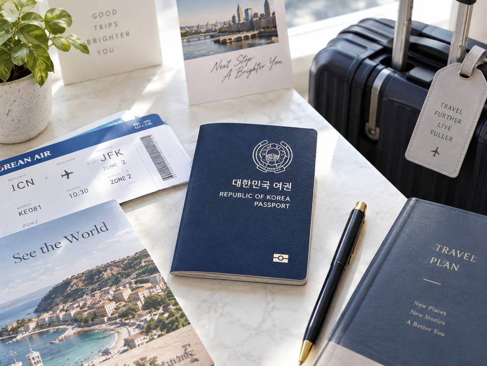 Korean passport: Family passports laid out next to travel documents