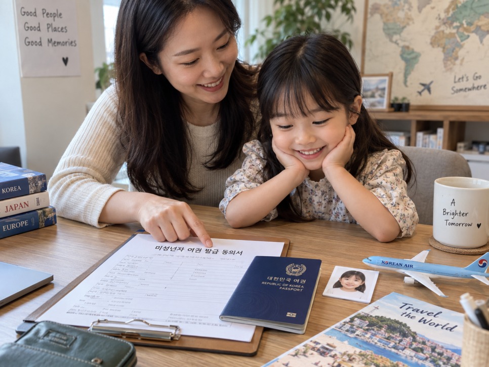 Parent and child at the passport office