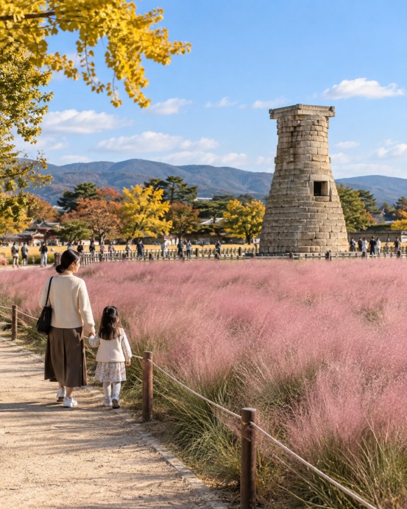 Pink muhly with Cheomseongdae Observatory in the background