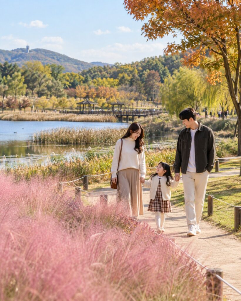 Pink muhly along the riverside paths of Akyang Ecological Park