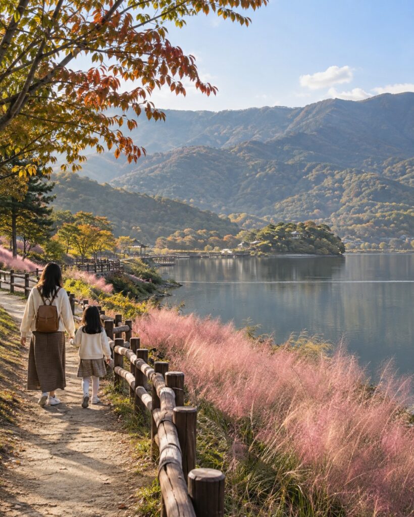 Dongjeongho Lake with pink muhly and a heart-shaped suspension bridge