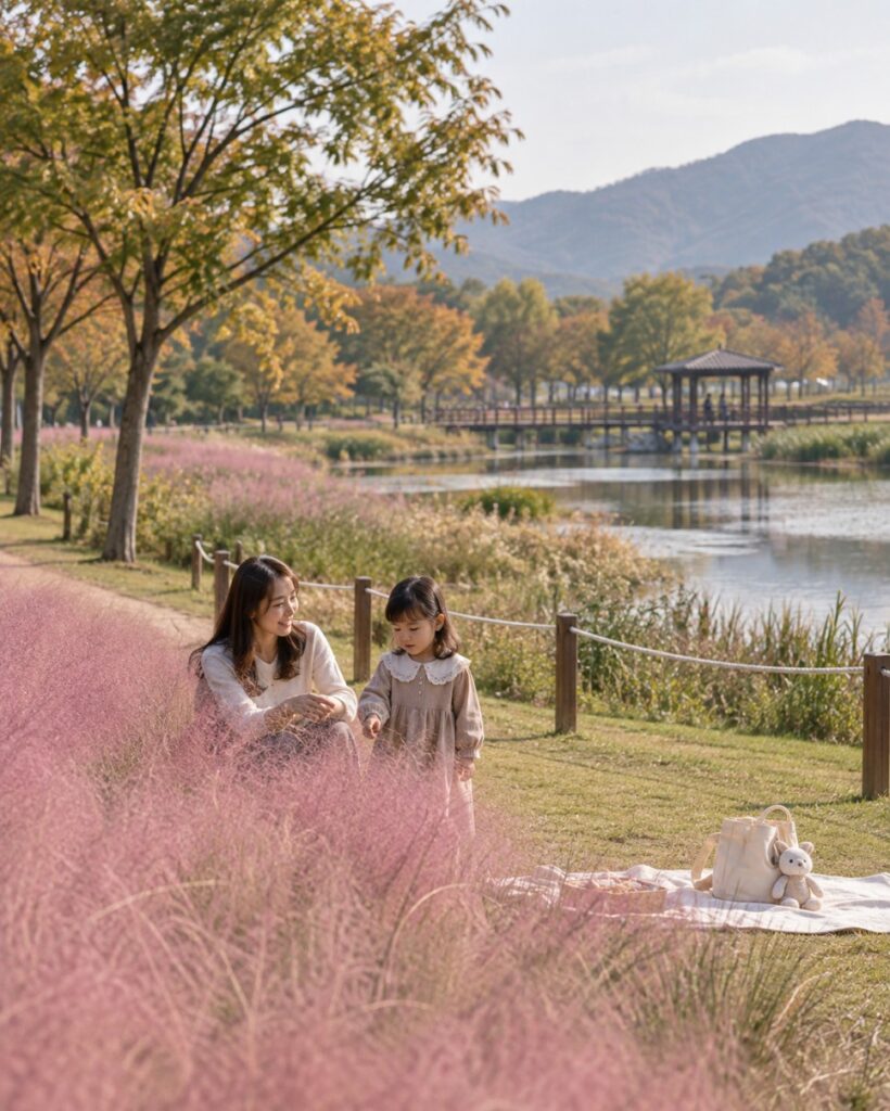 Child walking along a path through pink muhly