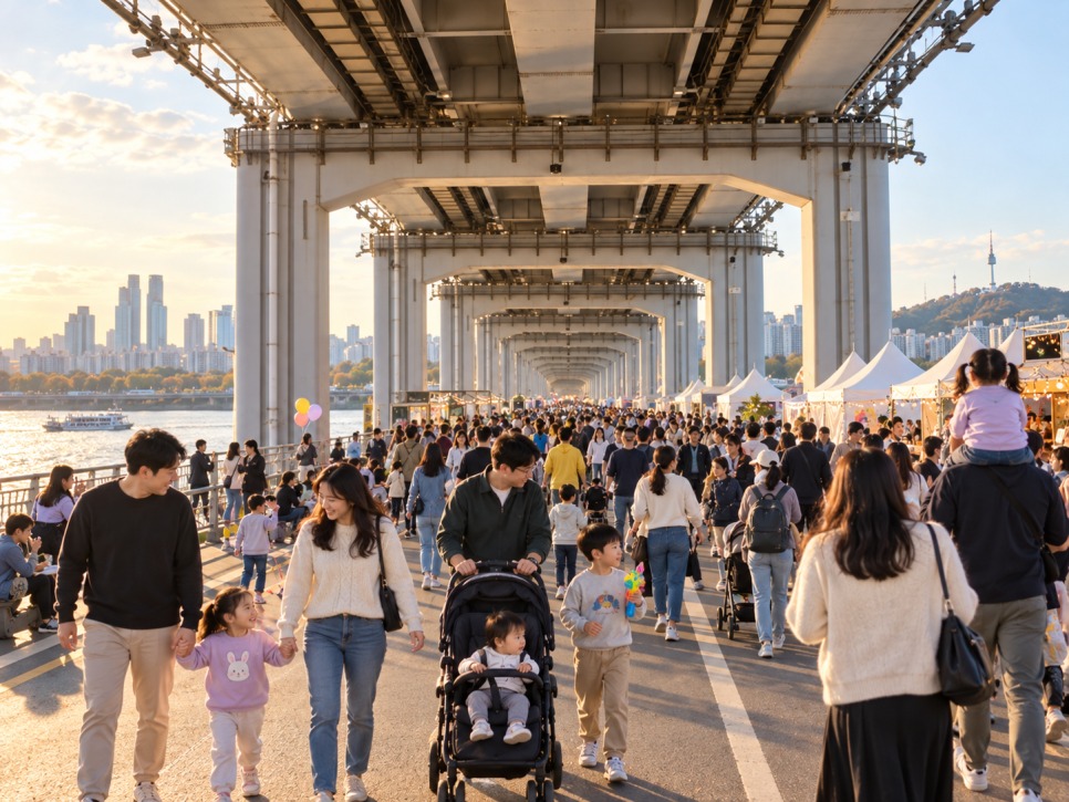 Jamsugyo Bridge Festival: Car-free Jamsugyo Bridge filled with walkers by the Han River