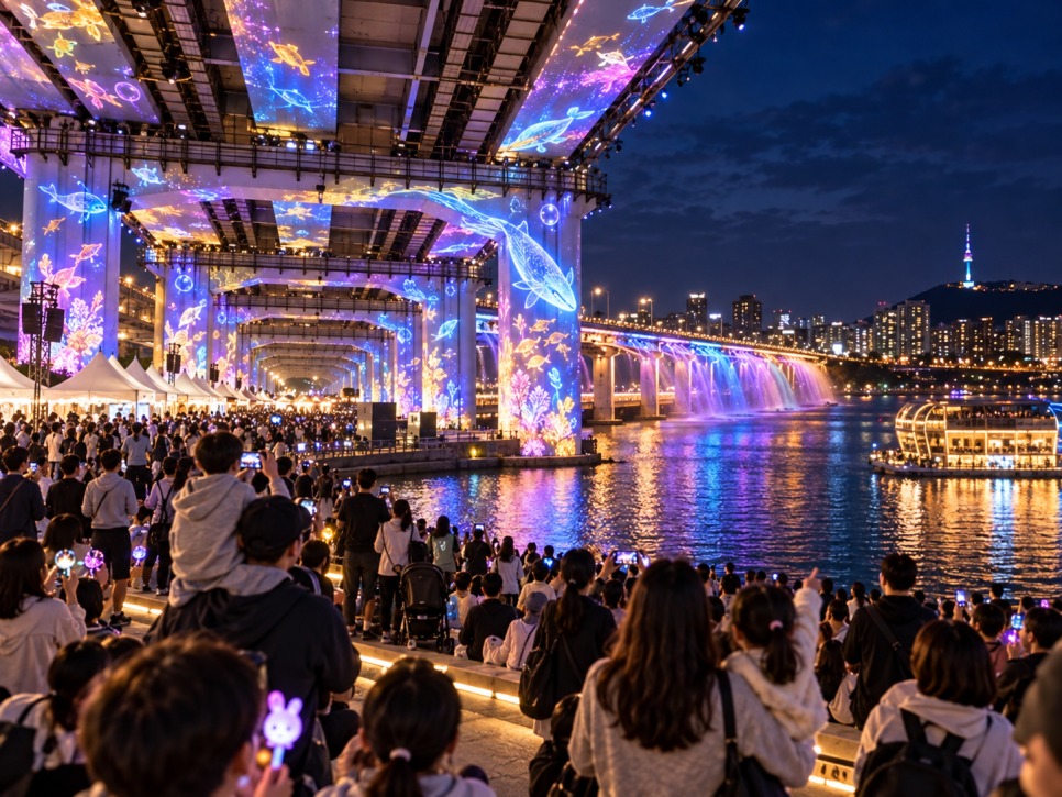 Festival crowds on the bridge in the late afternoon