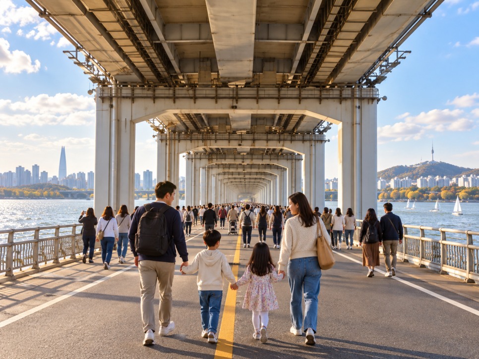 Family walking on the bridge at dusk