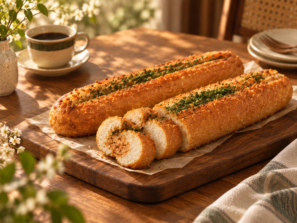 Myeongran baguette sliced to show the pollock roe filling