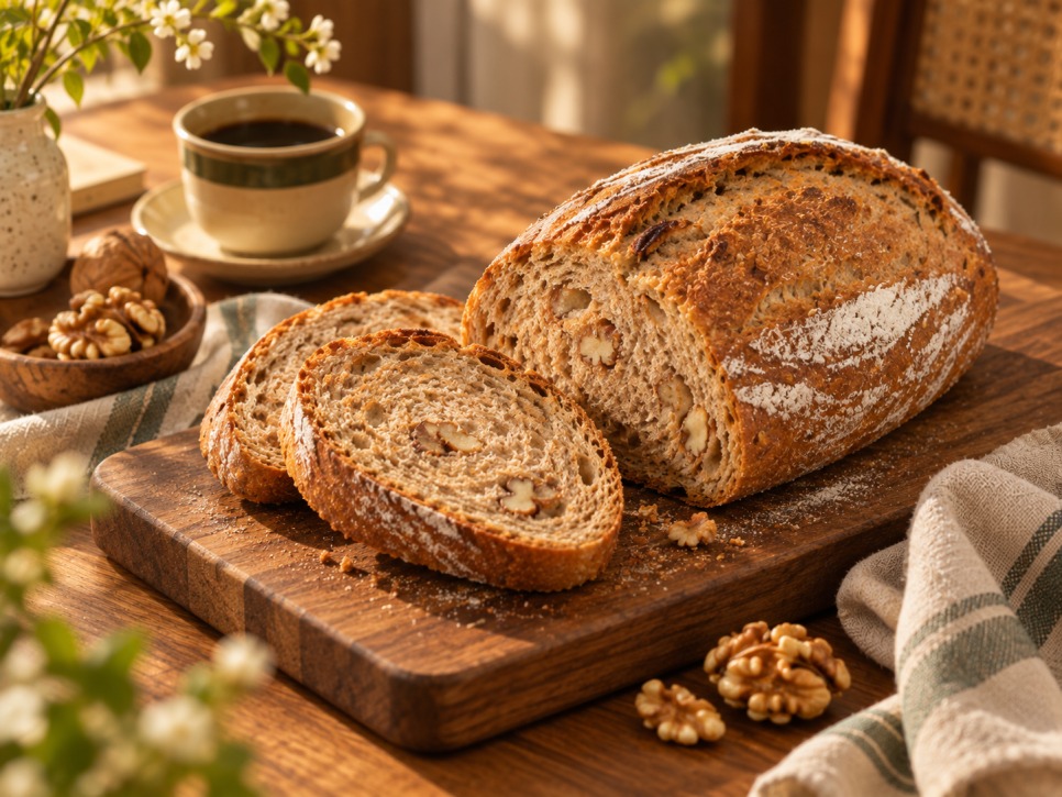 Loaf of stone-ground whole wheat bread with walnuts
