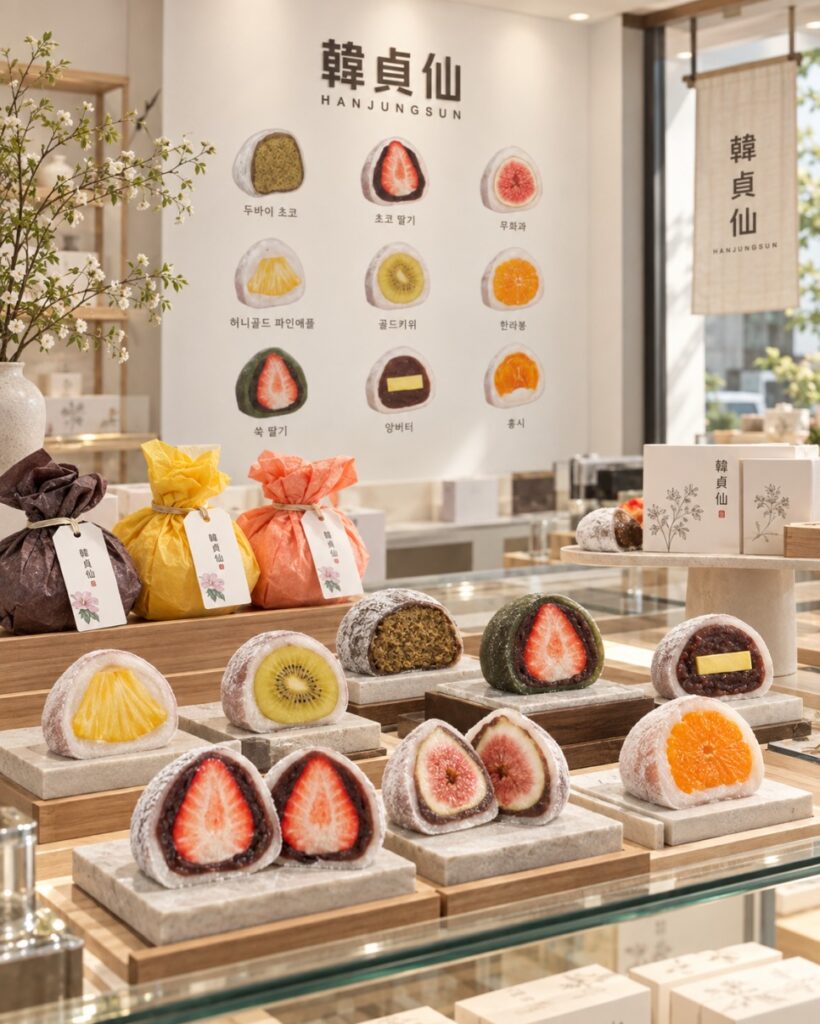 Colorful Hanjeongseon fruit chapssaltteok wrapped like lucky pouches