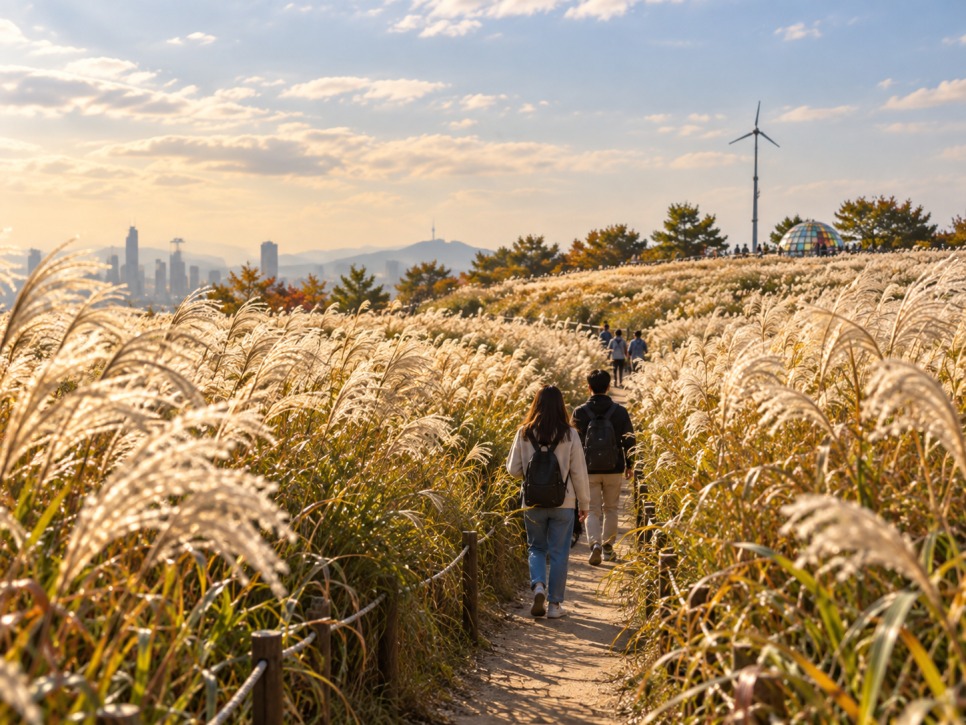 Walking path through tall silver grass at Haneul Park