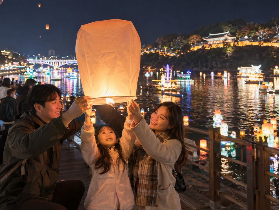 Families crossing a floating bridge among lanterns