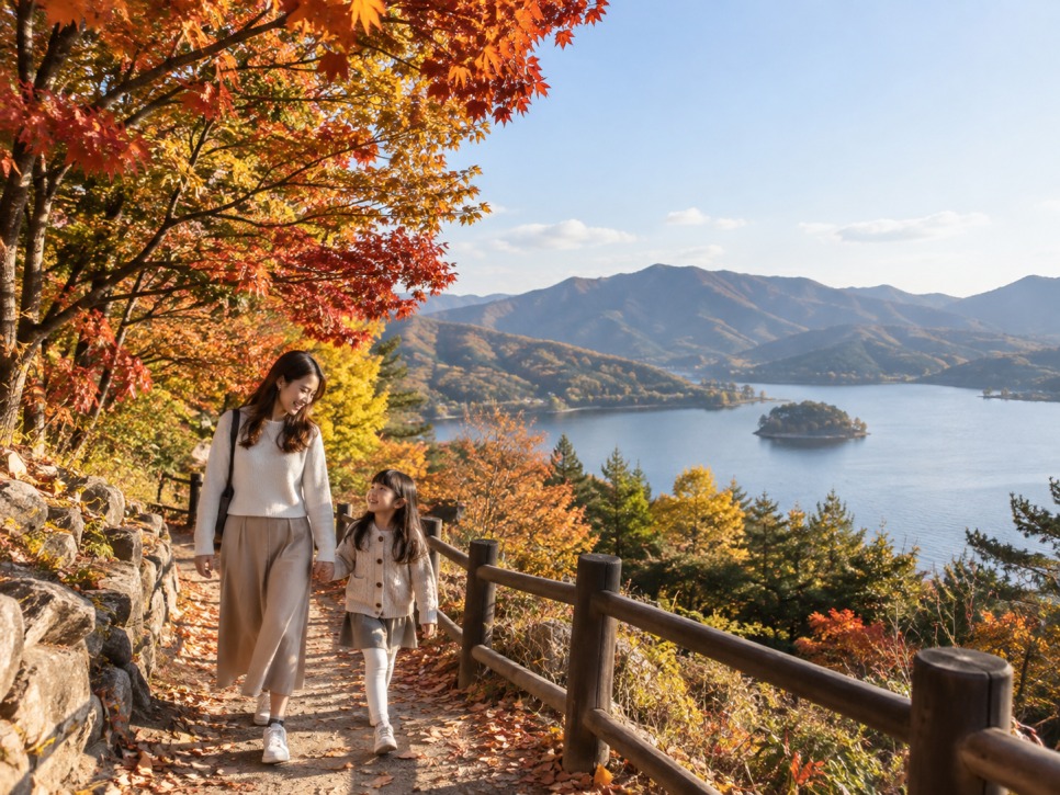 Family walking among autumn leaves