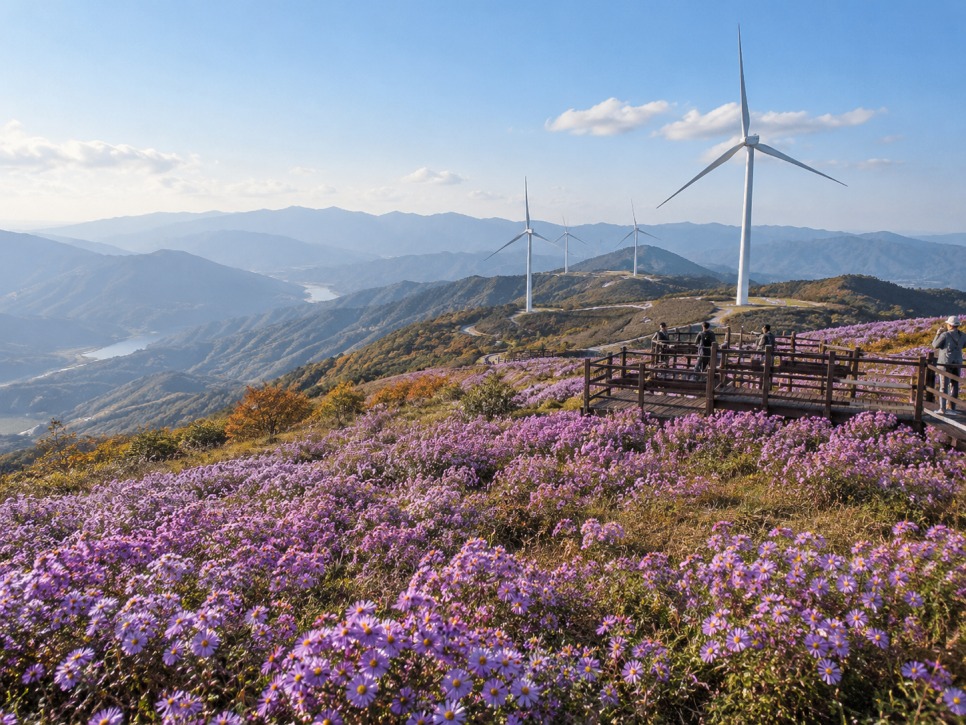 Gamaksan aster festival: Purple aster fields on Gamaksan with wind turbines behind