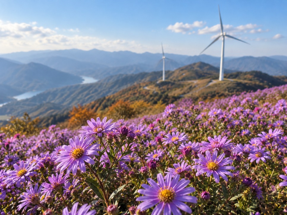 Aster field, wind turbines and sky in one frame