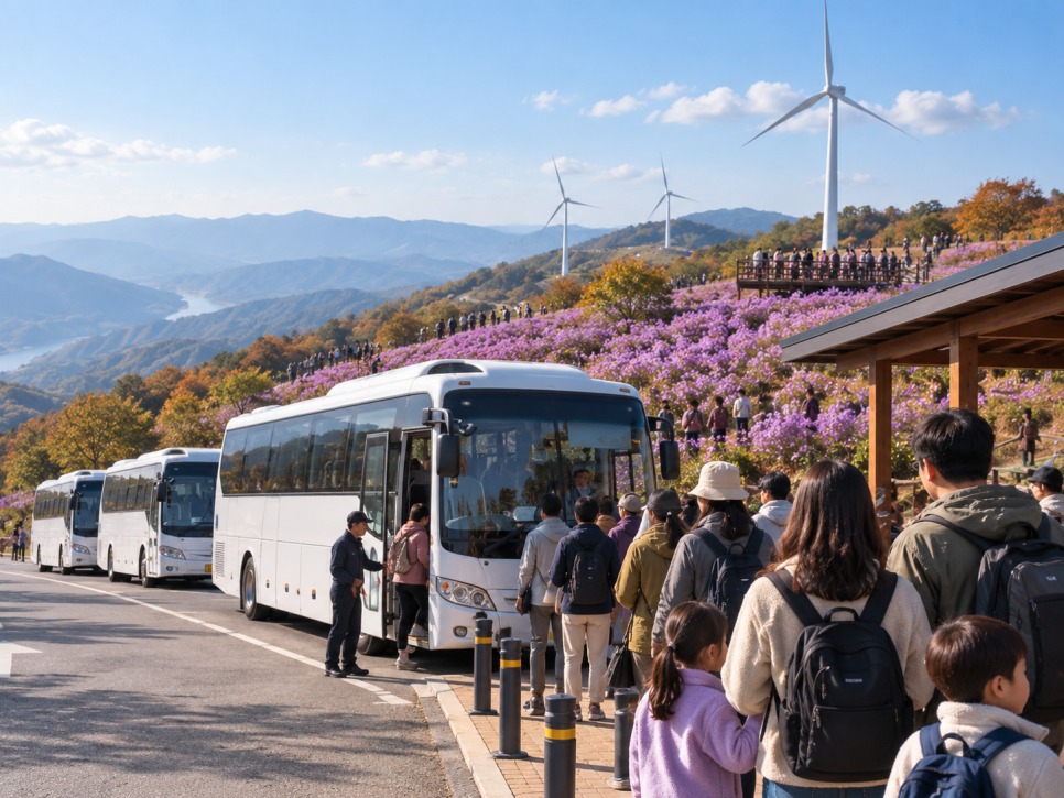 Shuttle buses at the Geochang temporary parking lot