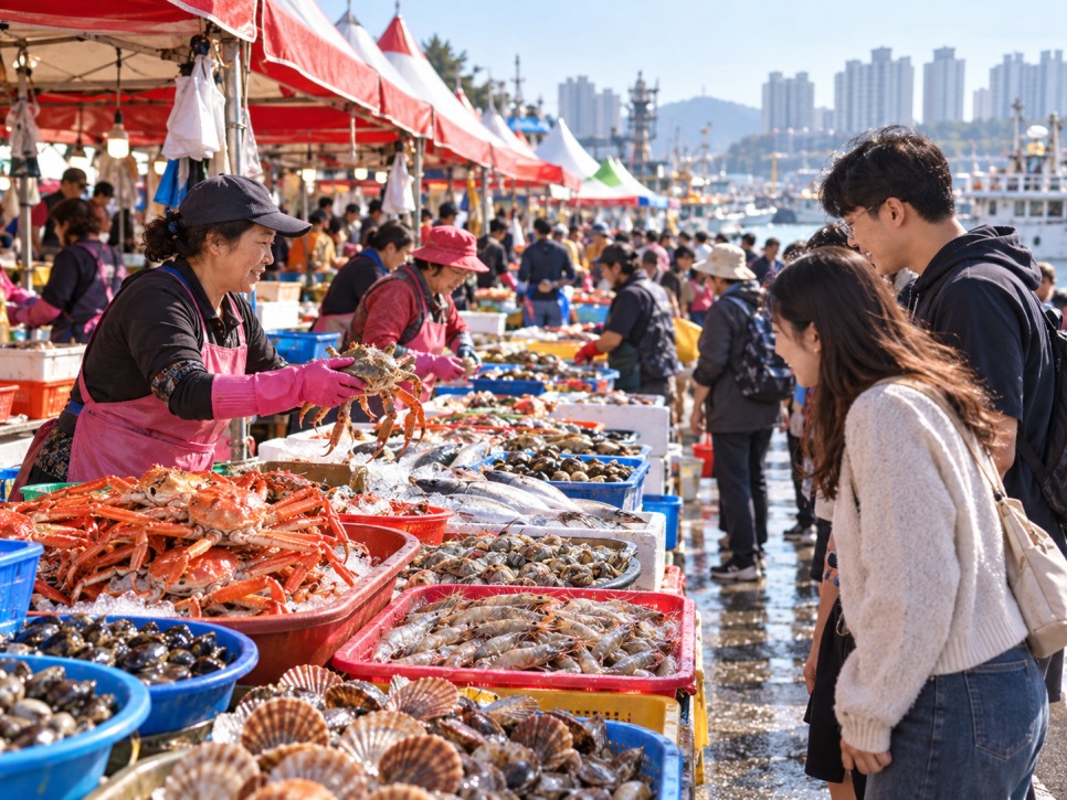 Soraepogu fish market stalls with shrimp and crab