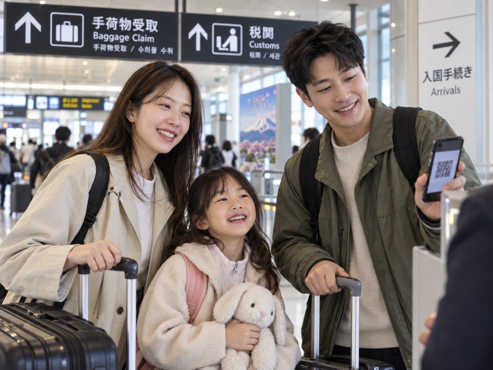 Family preparing travel documents before a Japan trip
