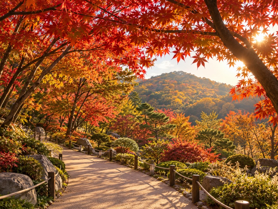 Maple leaves glowing on the forest path