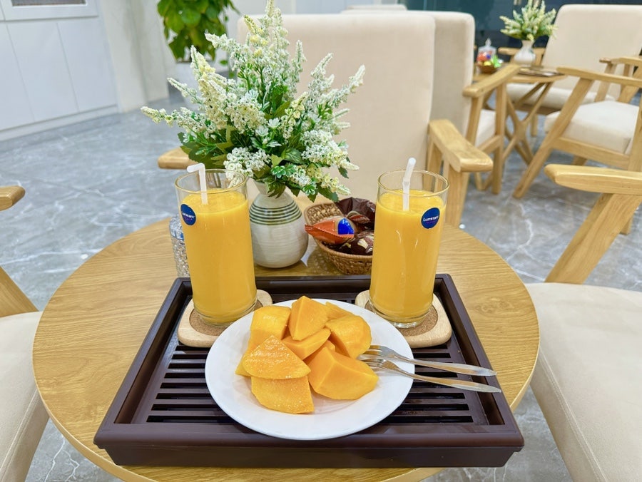 Tropical juice and salted mango after the massage
