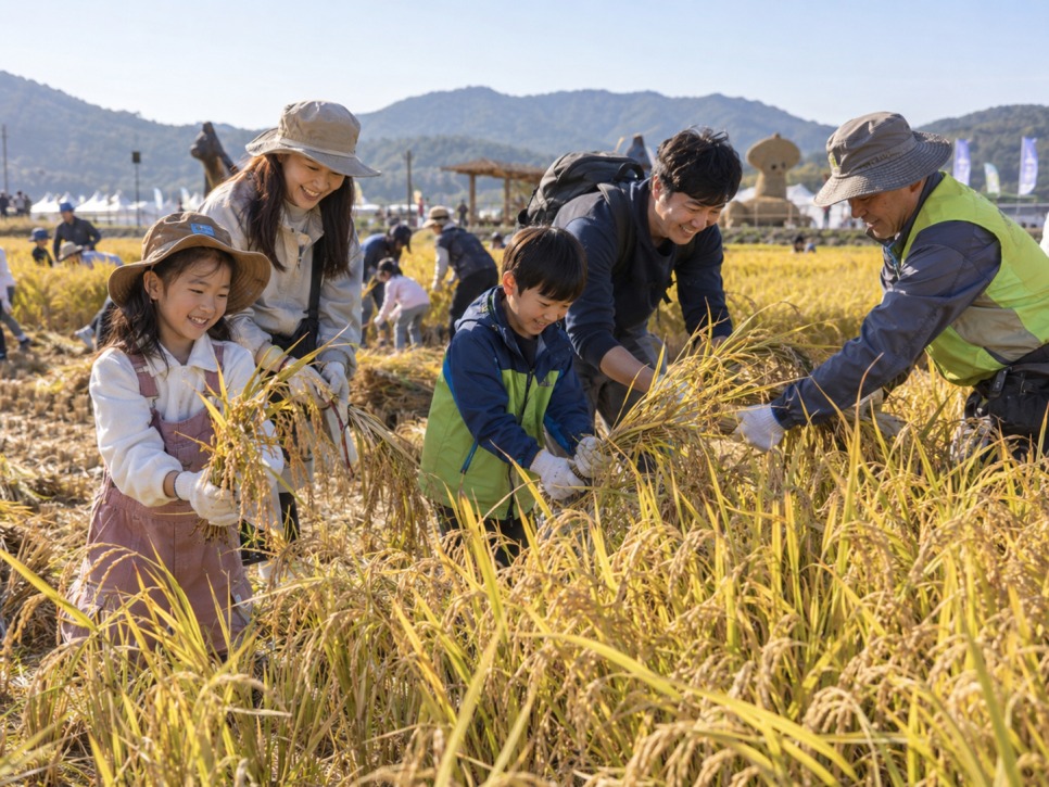 Children harvesting rice with sickles at the paddy