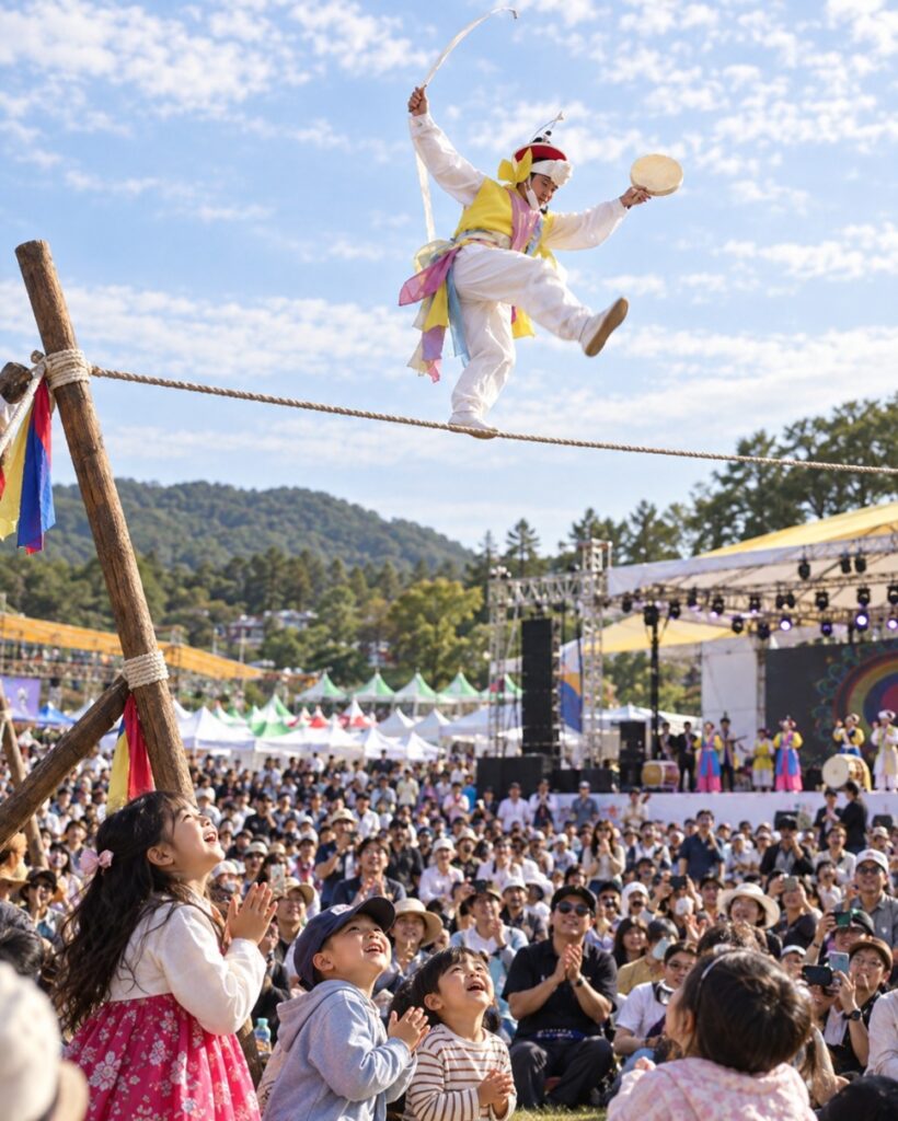 Namsadang tightrope walker performing above the crowd