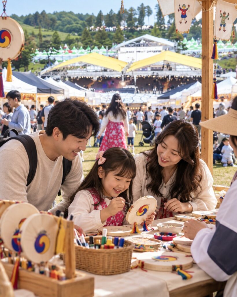 Kids trying hanbok and farming activities