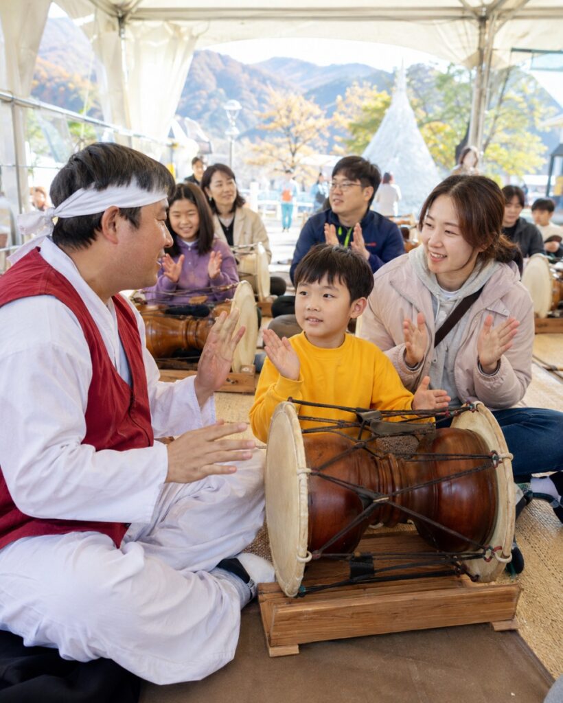 Families joining a sing-along of Arirang
