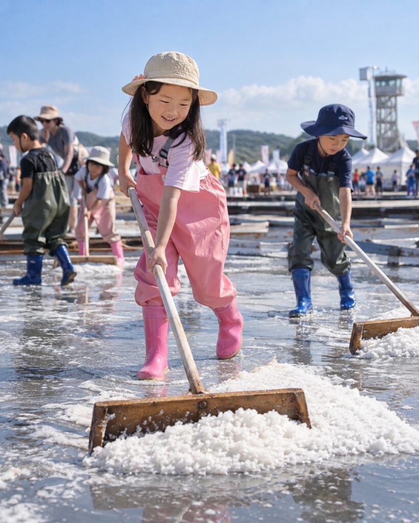 Kids raking salt on the salt pans
