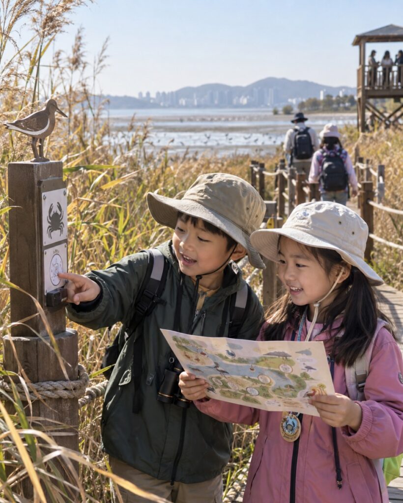 Children following a map on the mudflat explorer mission