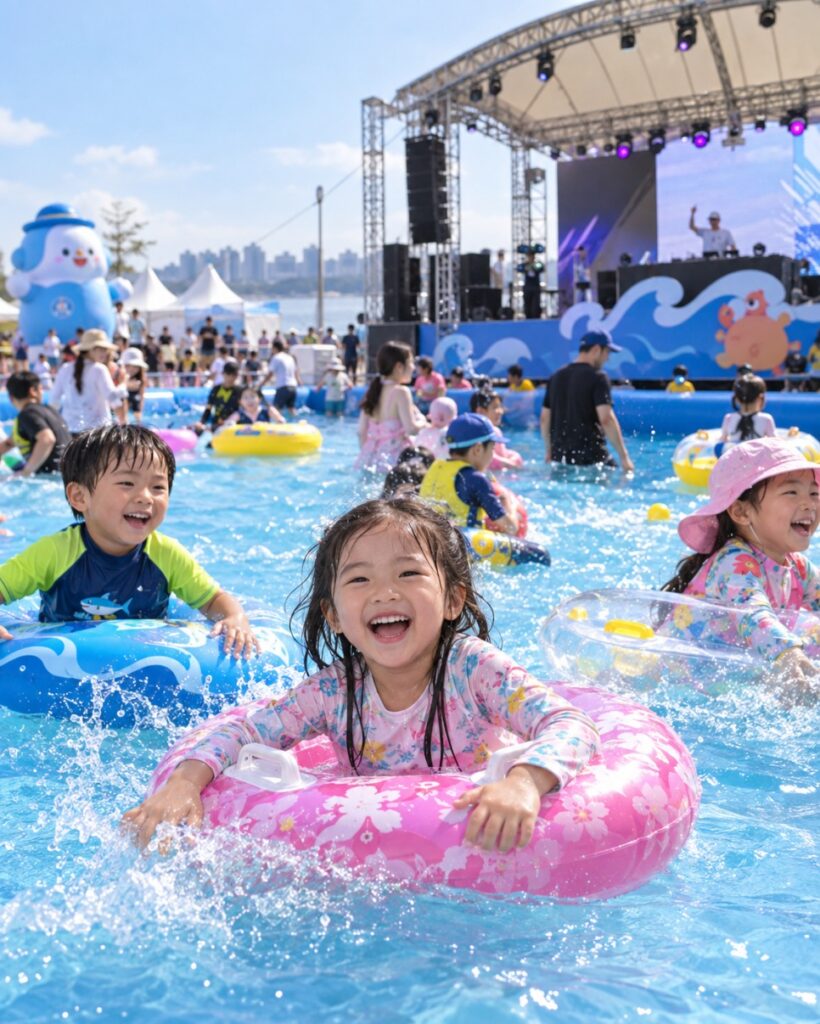 Kids floating on tubes in the seawater pool