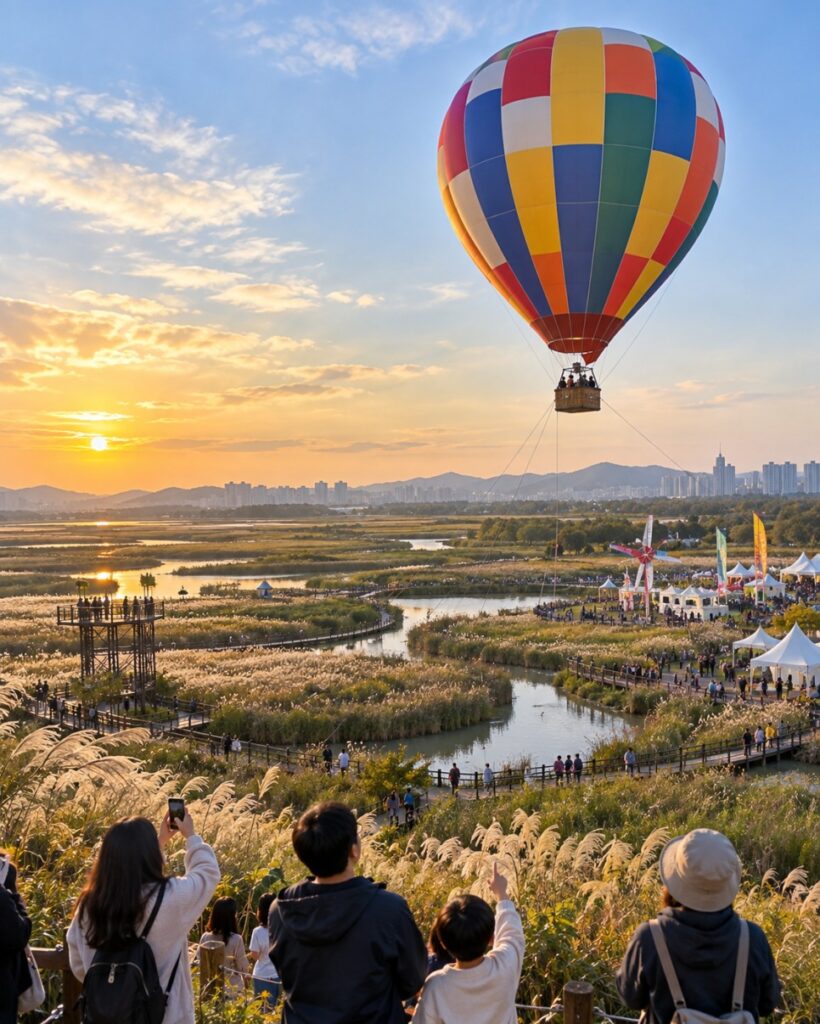 Hot-air balloon rising over the tidal channels