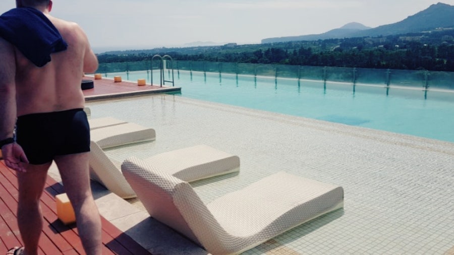 Heading up to the Kensington Hotel Jeju rooftop pool
