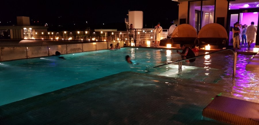 Night lights at the rooftop pool