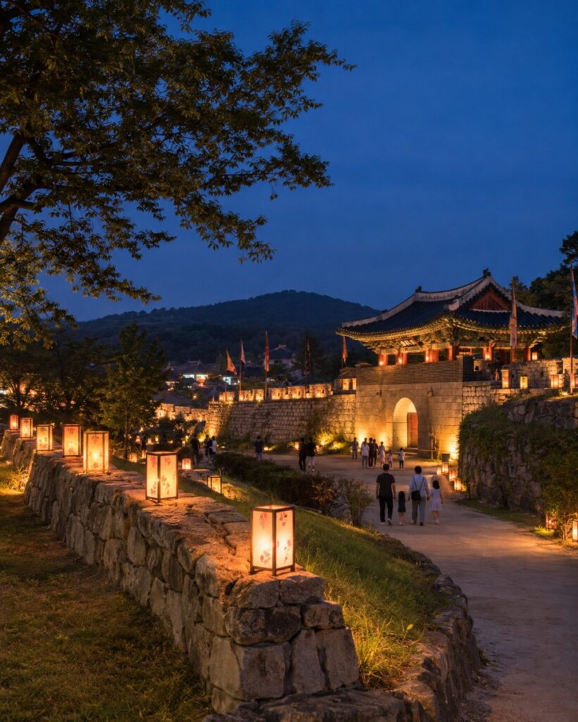 Seocheon Heritage Night Tour: Hansan Eupseong fortress walls lit by lanterns