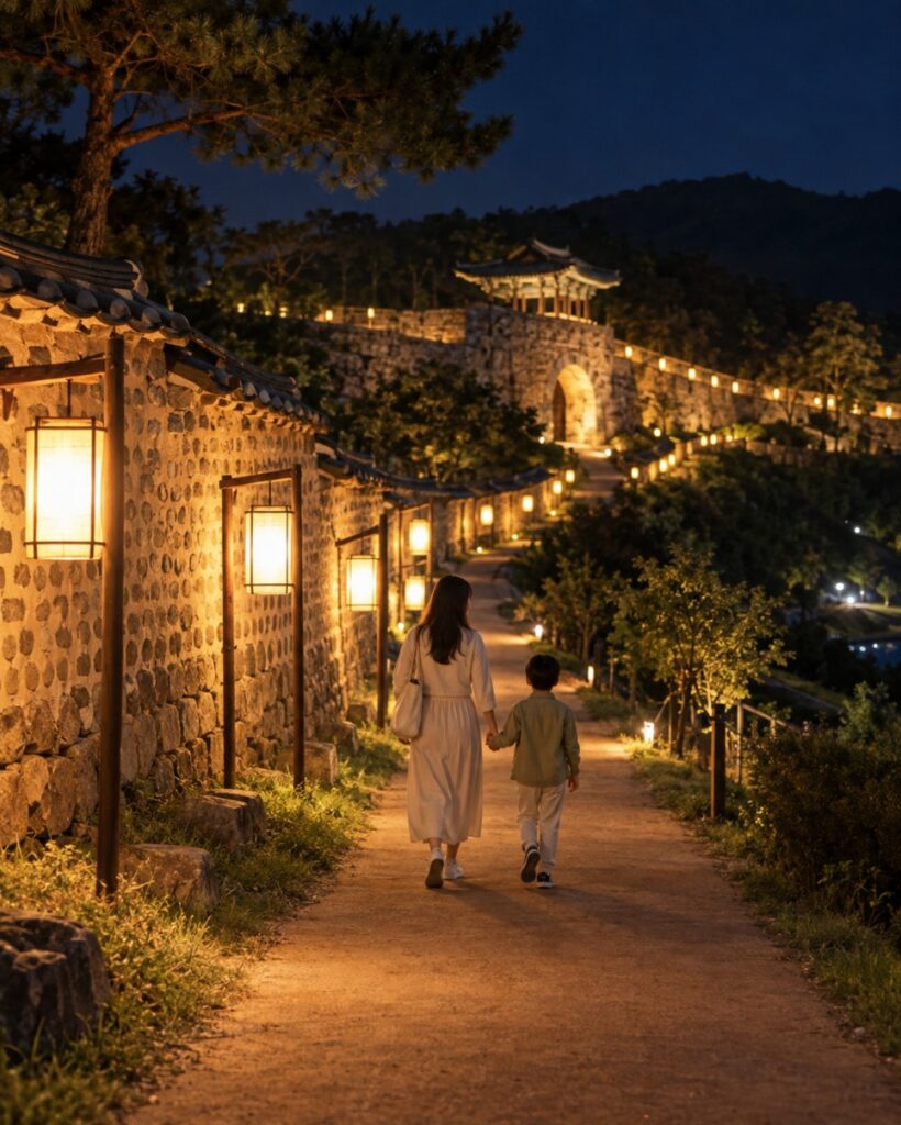 Lantern-lined path along the fortress wall