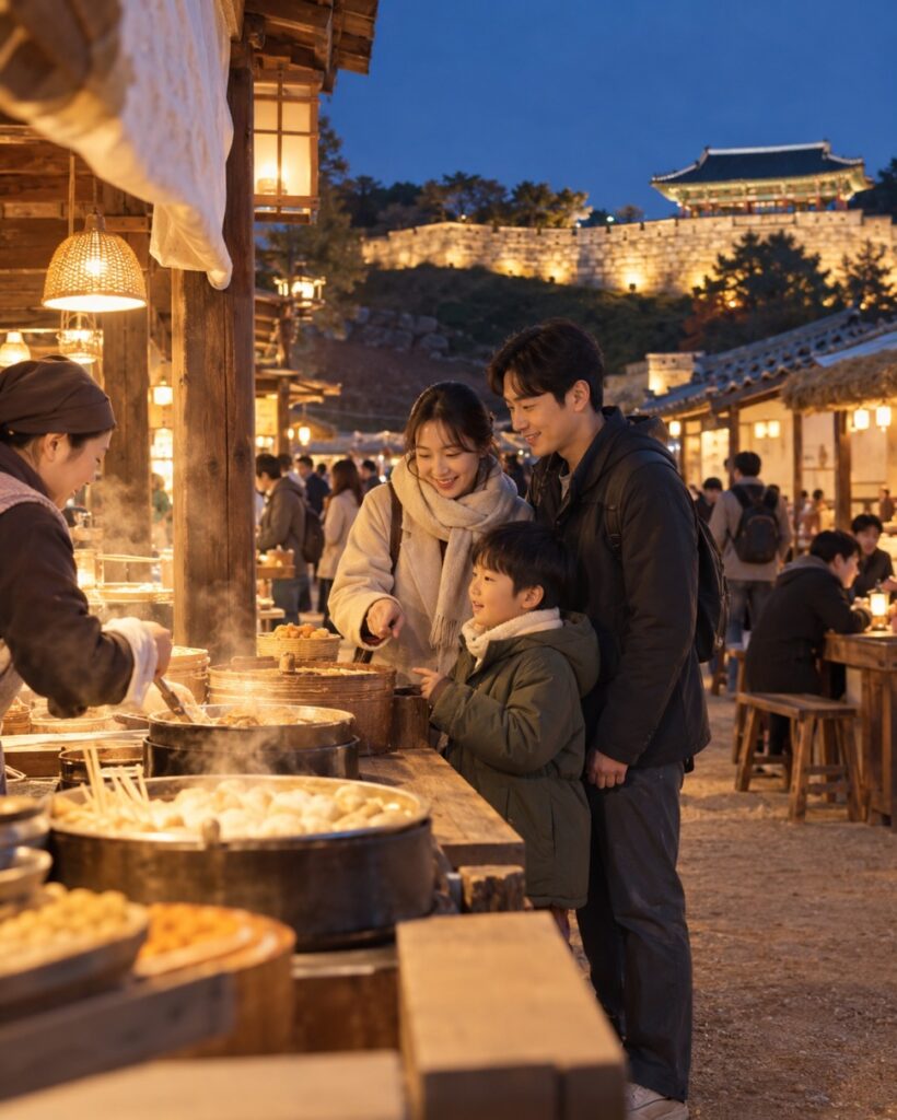 Night market stalls near the fortress