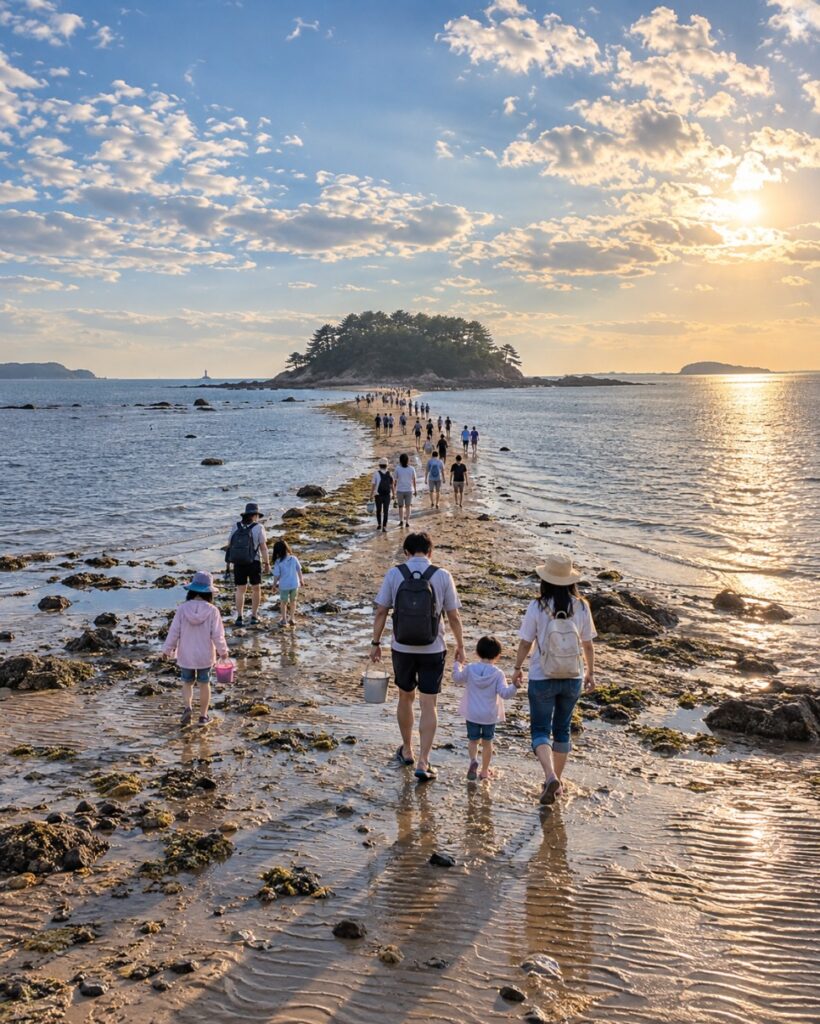 Visitors walking on the exposed sea road toward Seokdaedo