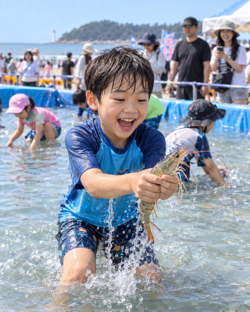 Kids catching prawns by hand at Muchangpo