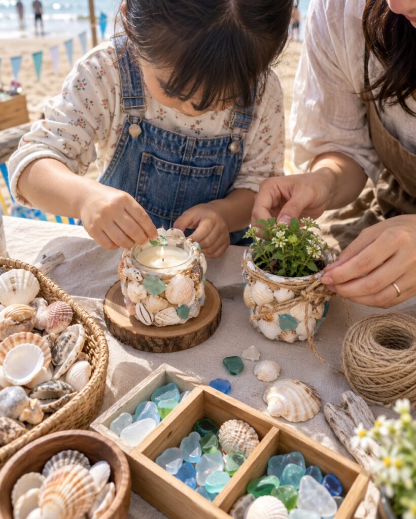 Children making shell crafts at the marine eco playground