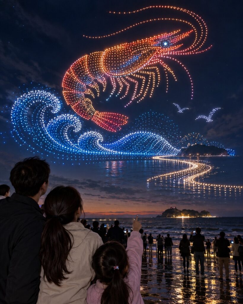 Drone light show over Muchangpo at night