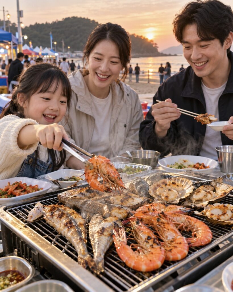 Seafood barbecue zone with prawns and shellfish