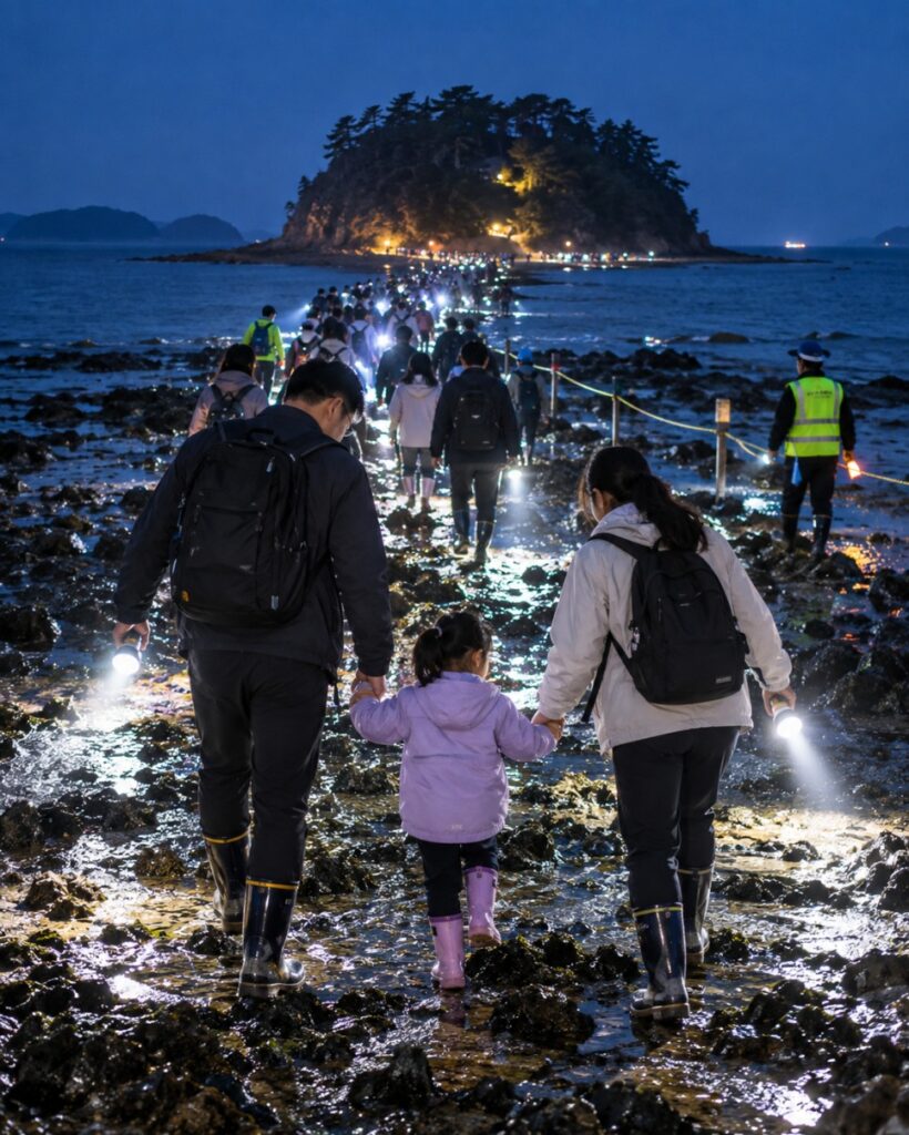 Torch walk on the Muchangpo sea road at night