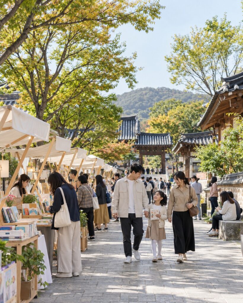 Book market and program booths along the stream