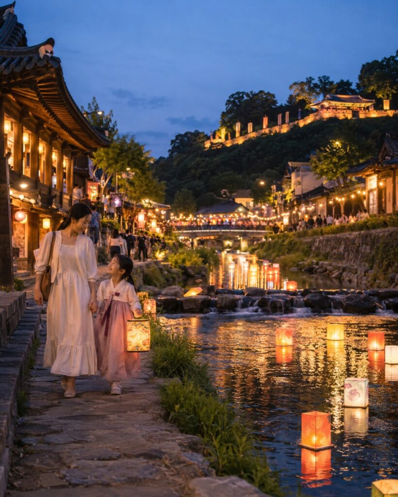 Gongju Heritage Night Tour lanterns along Jemincheon stream