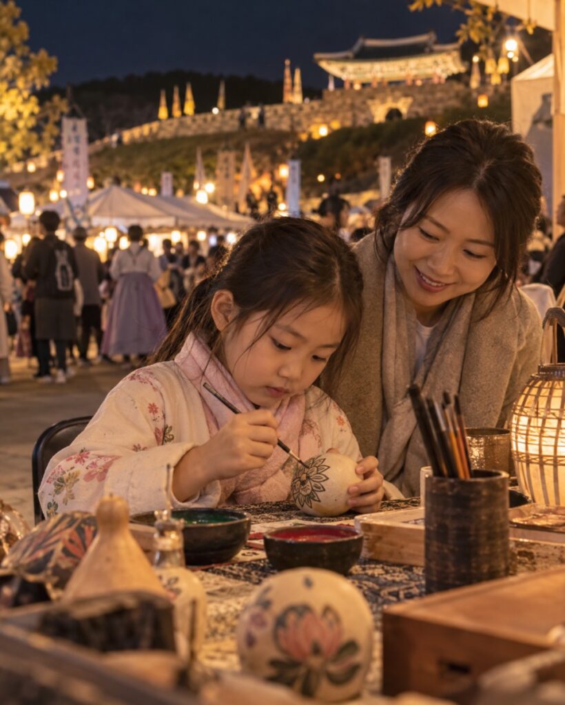 Kids making crafts at the Gongju night festival booths