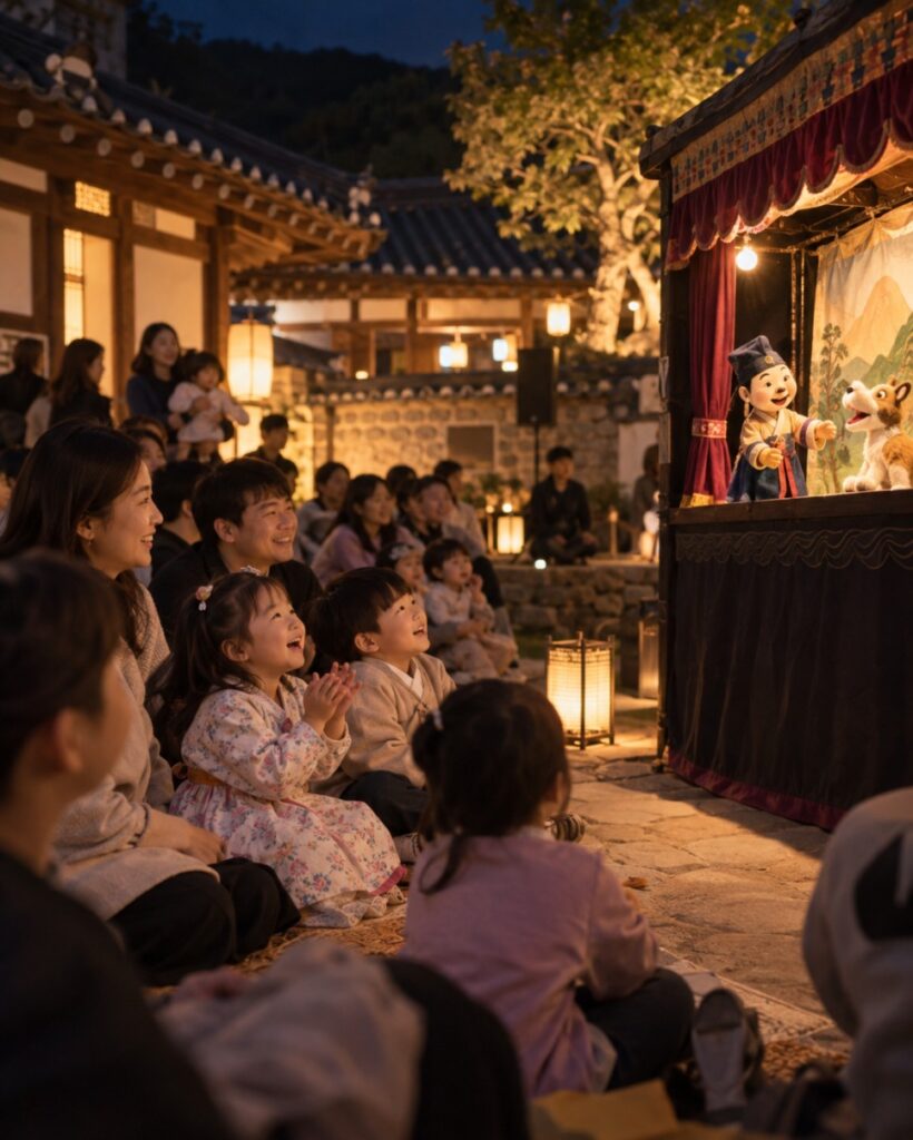 Children's puppet show at Gongju boarding-house village