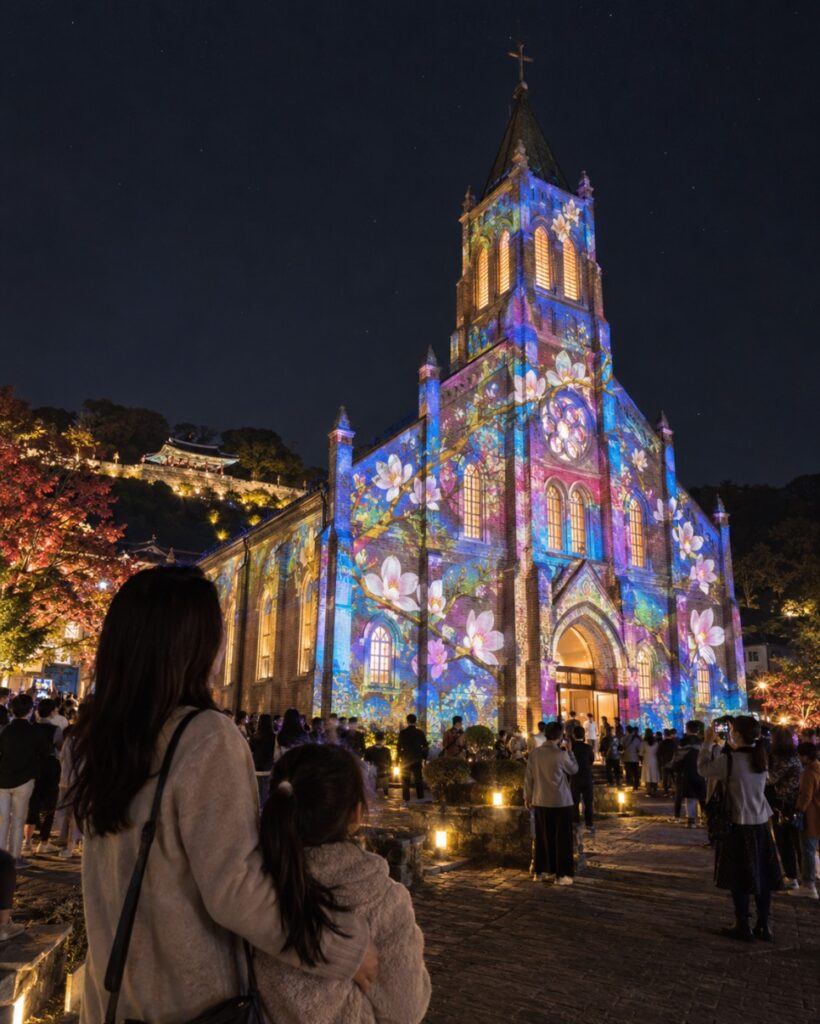 Media facade projected on Gongju First Church