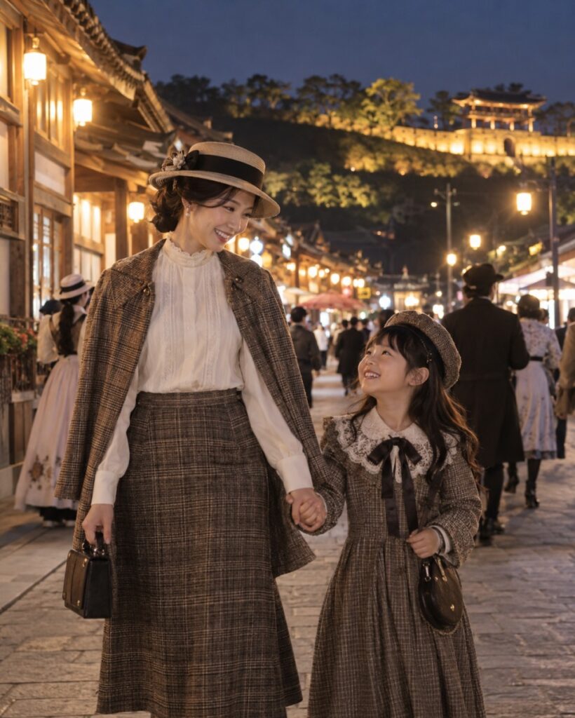 Families in 1920s costumes walking Jemincheon