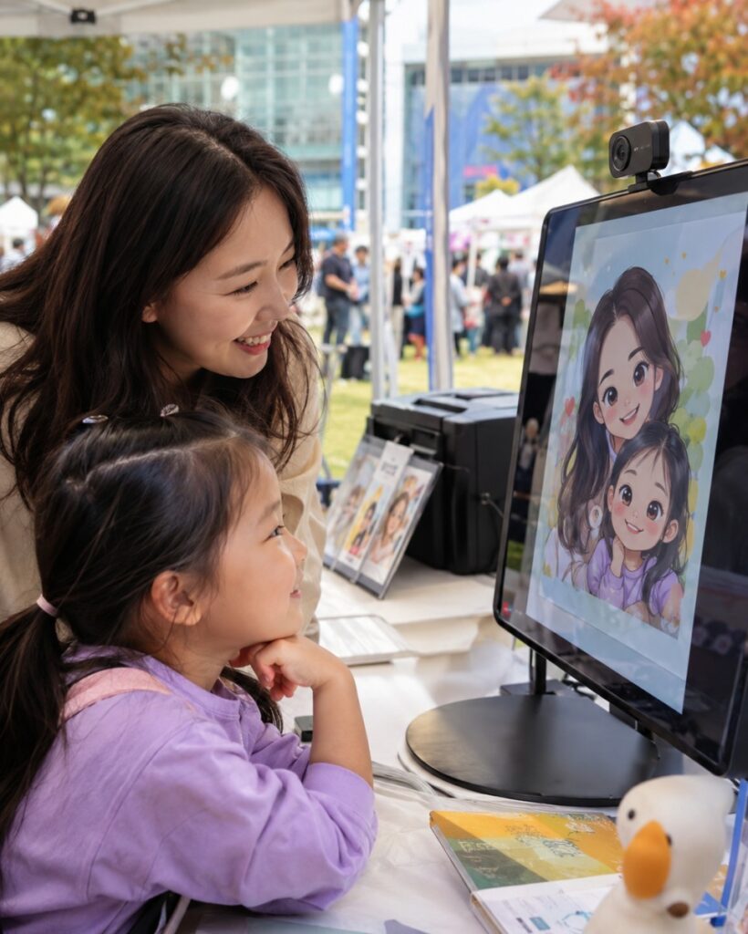 Kids trying robot activities at the AI experience zone