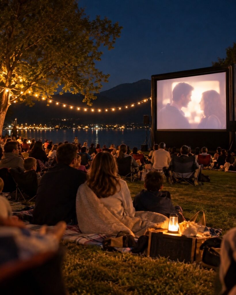 Outdoor movie screening on the lawn
